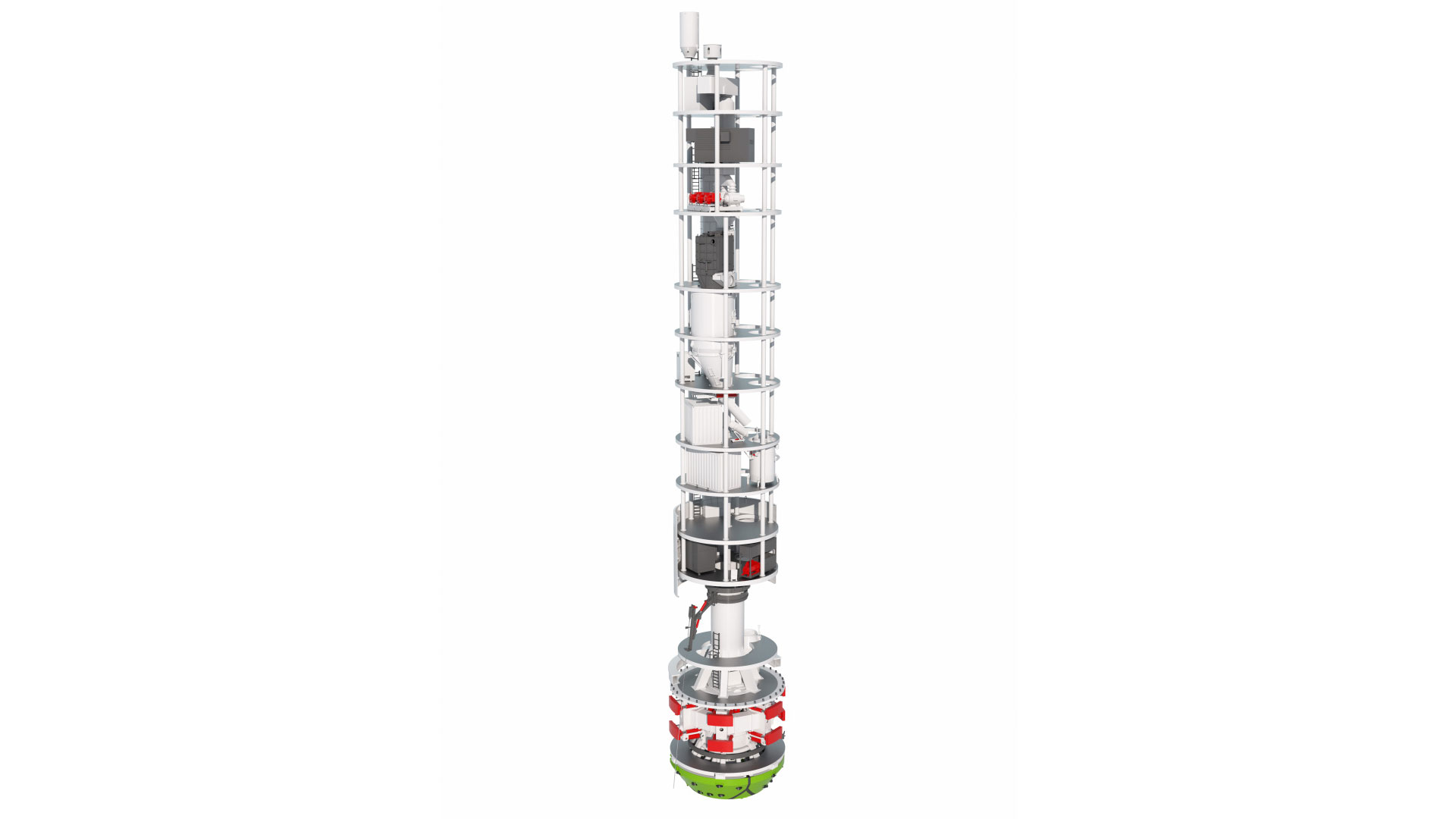3D illustration of a Shaft Boring Cutterhead in white and red with a green cutterhead