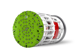 Illustration einer Doppelschild-TBM, die auch die Sicht ins Innere ermöglicht.