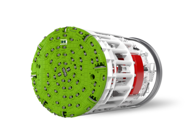 Illustration einer Doppelschild-TBM, die auch die Sicht ins Innere ermöglicht.