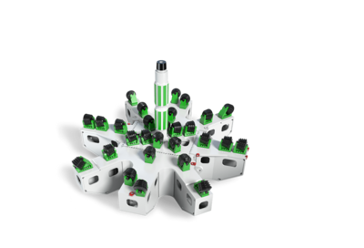 3D illustration of an expansion drill head in white, black and green