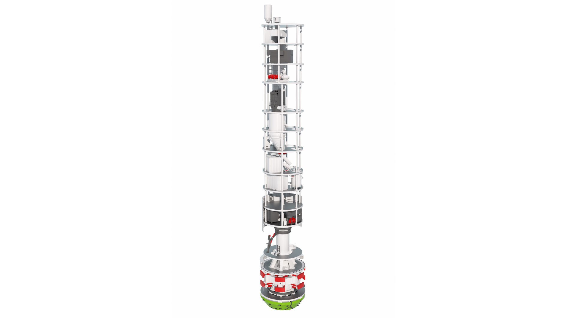 3D illustration of a Shaft Boring Cutterhead in white and red with a green cutterhead